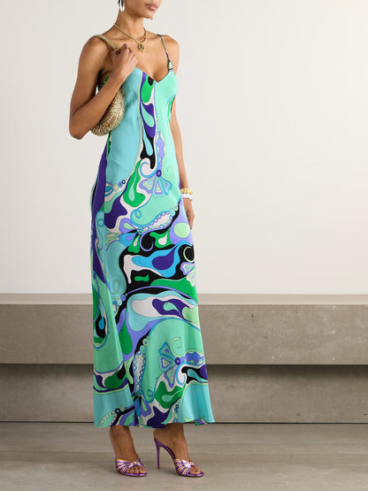 Elegant Satin Printed Sexy Strapless Slit Dress
