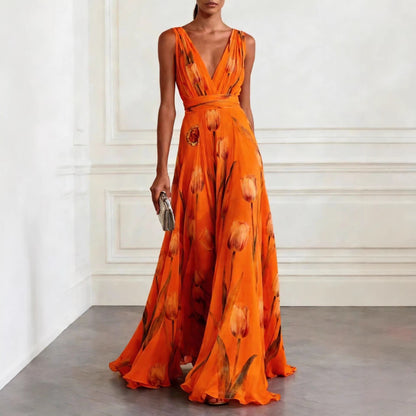 Elegant Tulip Print Evening Dress for Women Sleeveless V-Neck Chiffon Long Dress