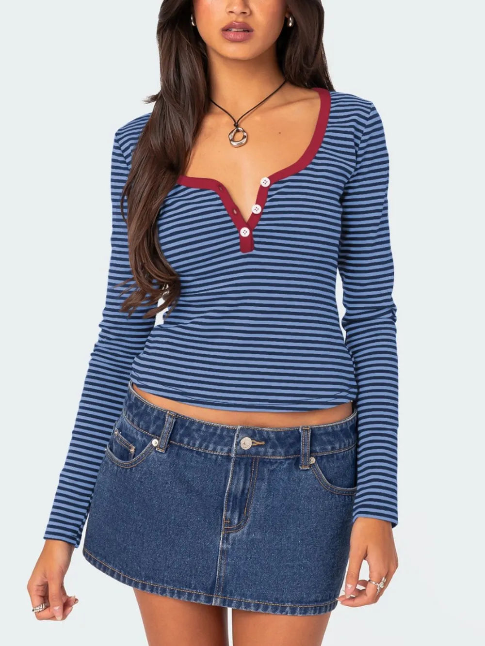 Color blocking striped knitted sweater women's summer top button slim fit shoulder t-shirt