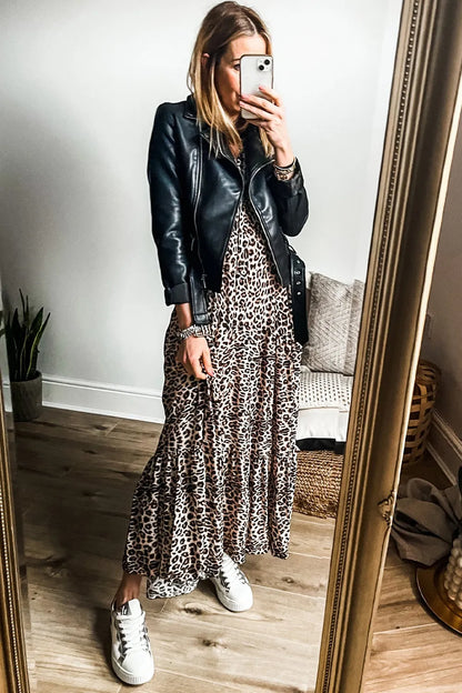 Maxi-jurk met lange mouwen en luipaardprint en inkepingen