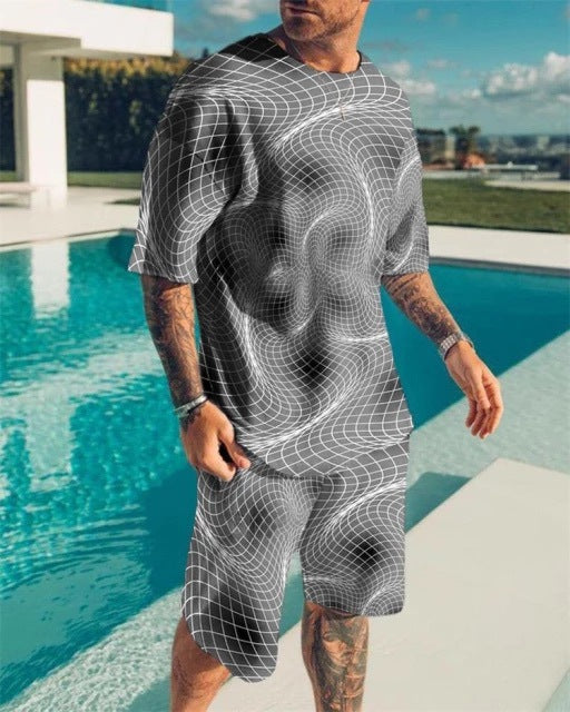 New Men's Korean Suit 3D Printing Trend Digital Printing Round Neck T-Shirt Casual Two-Piece Suit