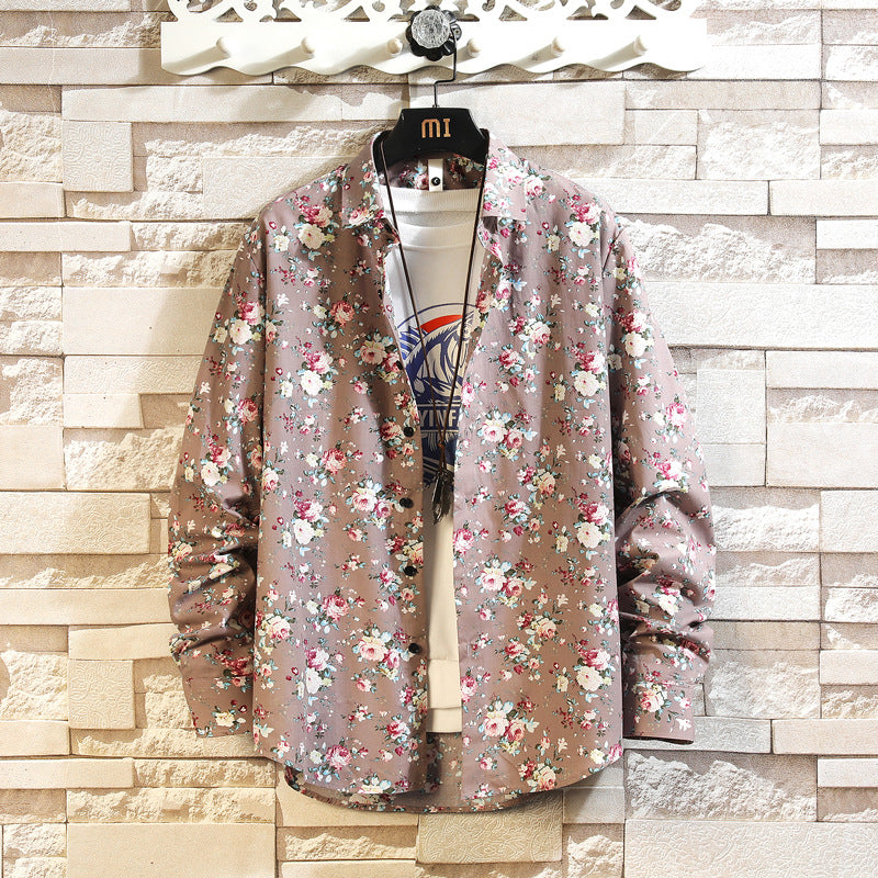 Cotton Men's Casual Multi-color Long-sleeve Floral Shirt