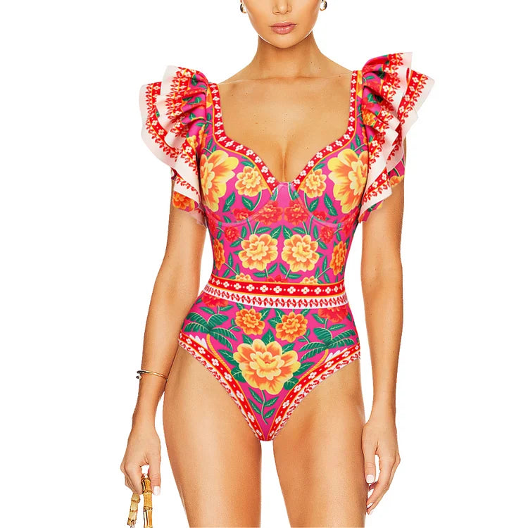 New Retro Flower Printed Ruffled One Piece Swimsuit and Skirt Summer Swimwear  Women  Beachwear Bathing Suit