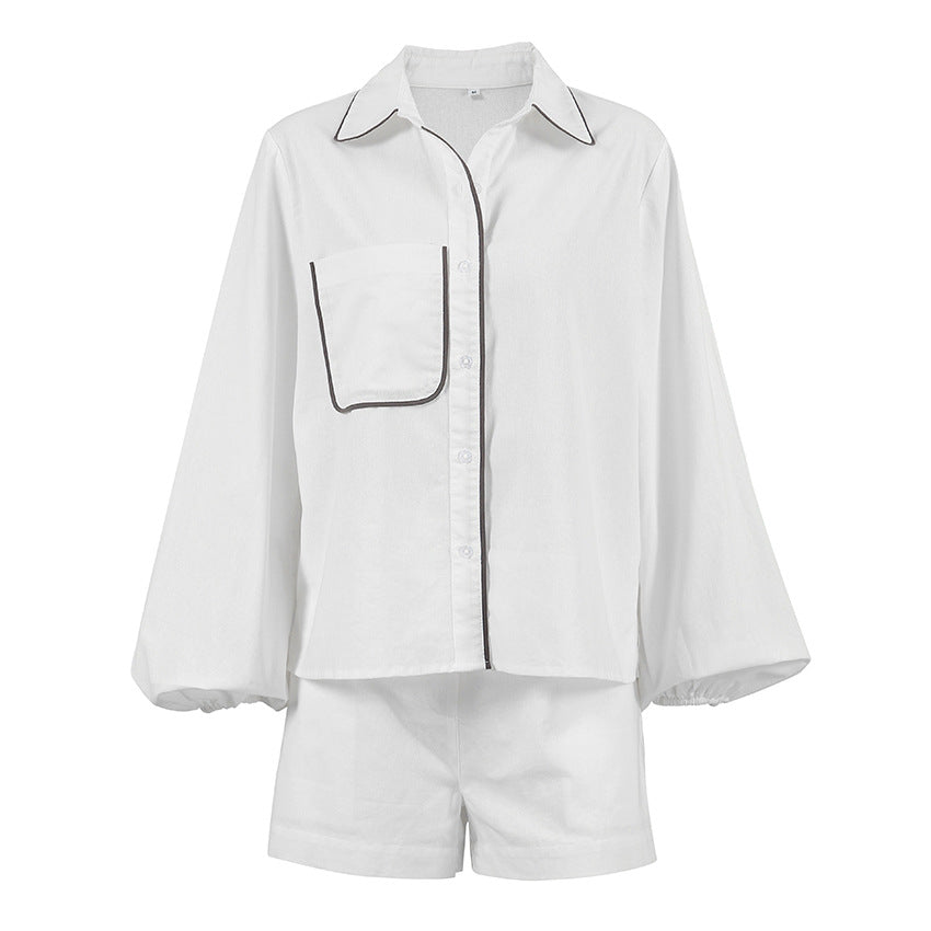 Loose Cotton Linen Long Sleeve Short Pants Two-piece Set Women's Loungewear for Outer Wear