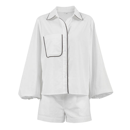 Loose Cotton Linen Long Sleeve Short Pants Two-piece Set Women's Loungewear for Outer Wear