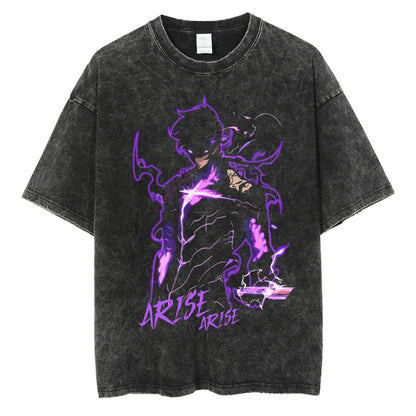 Summer New Anime Print T-Shirt Summer Cotton Washed Vintage Short Sleeve