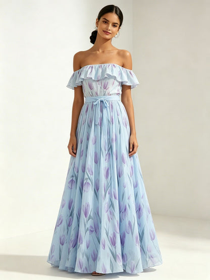 Printed long skirt with waist cinching and large swing dress
