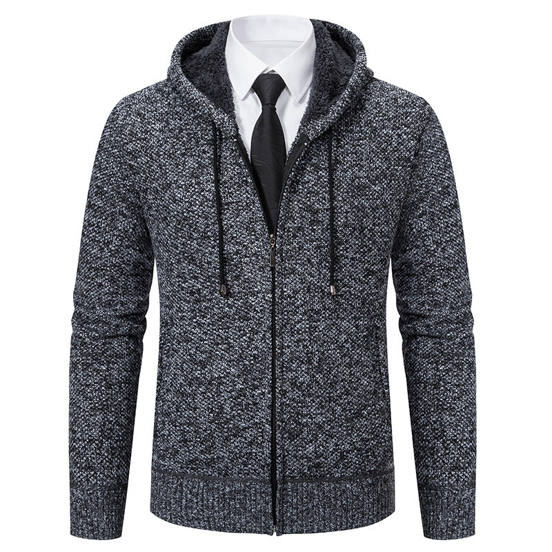 Autumn and winter men's cardigan sweater men's knitted sweater hooded and velvet casual men's knitted jacket