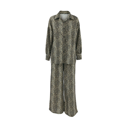 Style Summer Open Front Imitation Silk Leopard Print Long Sleeve Long Pants Loungewear Women's Fashion Loose Ice Silk Pajamas