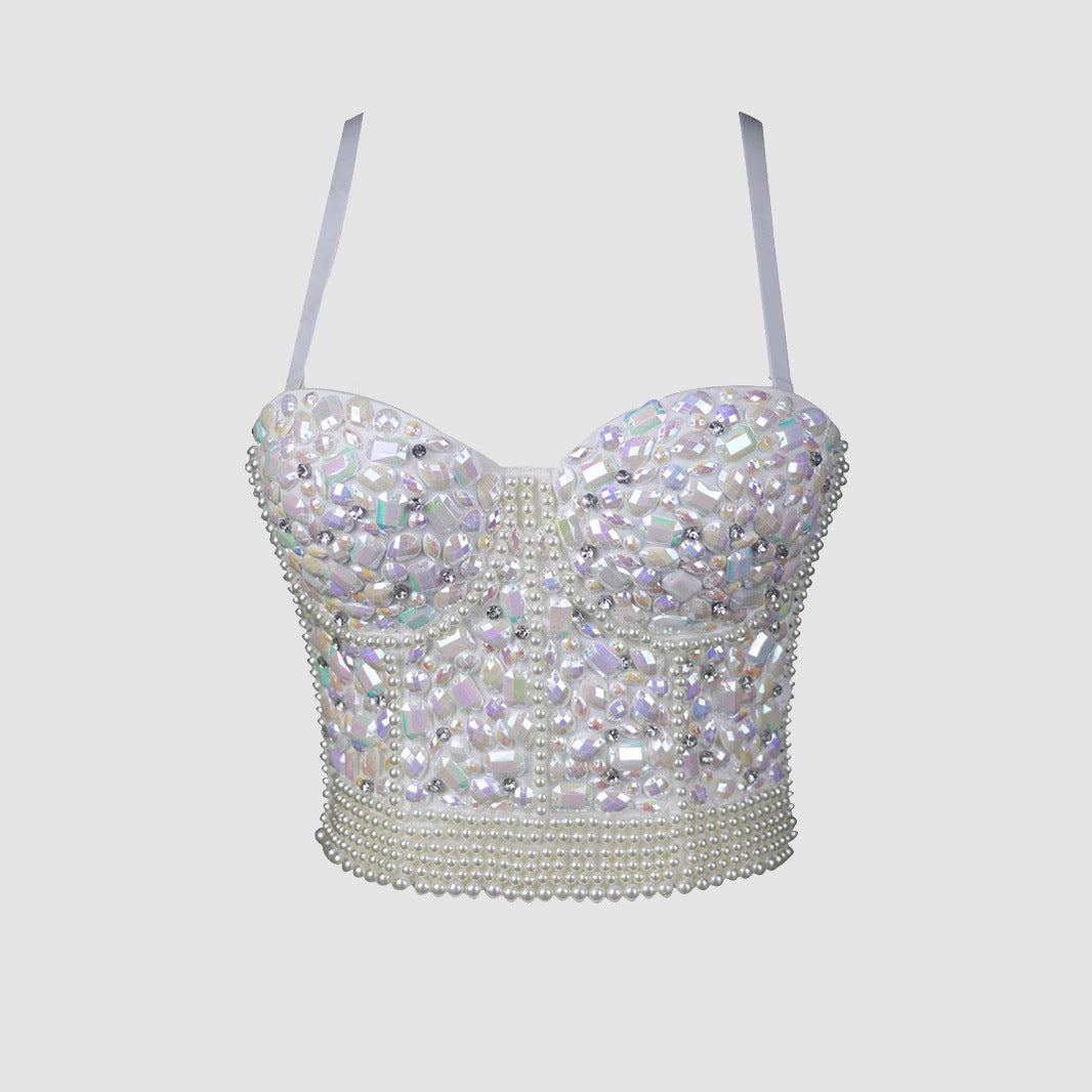 Rhinestone Beaded Fitted Bustier Bralette Camisole Small Strap