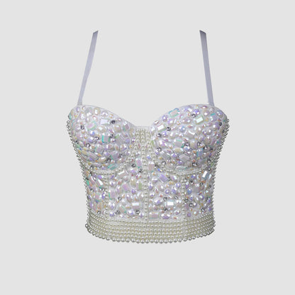 Rhinestone Beaded Fitted Bustier Bralette Camisole Small Strap