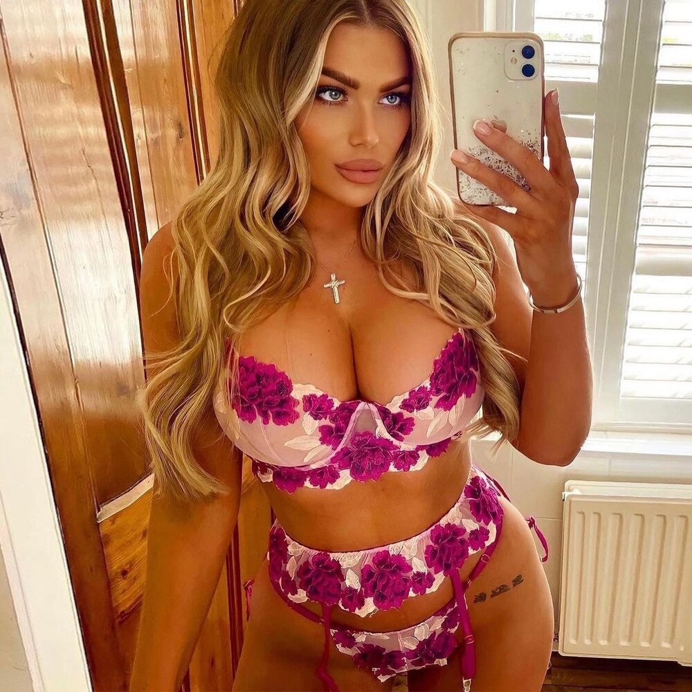 Underwear three-piece set embroidery big flower Mosaic fun underwear underwear garter belt bra and panty set  lingerie set