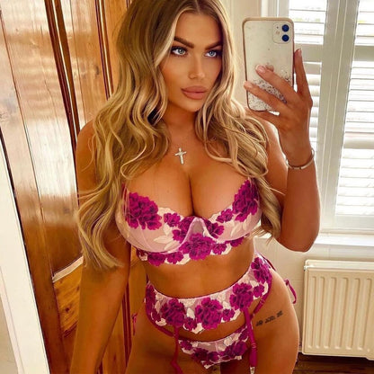 Underwear three-piece set embroidery big flower Mosaic fun underwear underwear garter belt bra and panty set  lingerie set