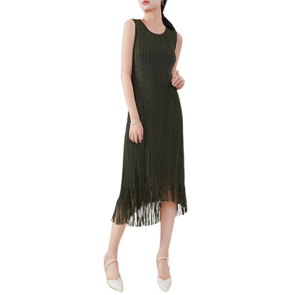 Pleated Dress Women Sleeveless Straight Tassel Summer New Temperament High-end Long Dresses Female Elegant