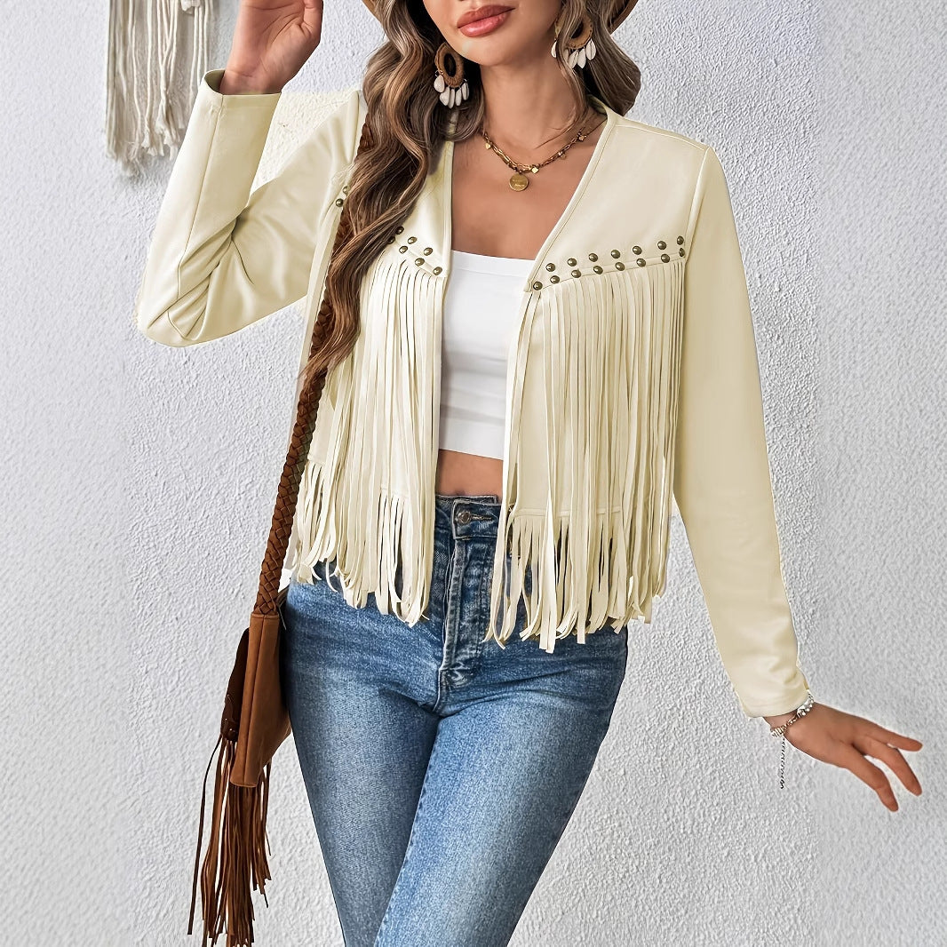 Elegant Solid Color Tassel Trimmed Front-Opening Jacket for Women