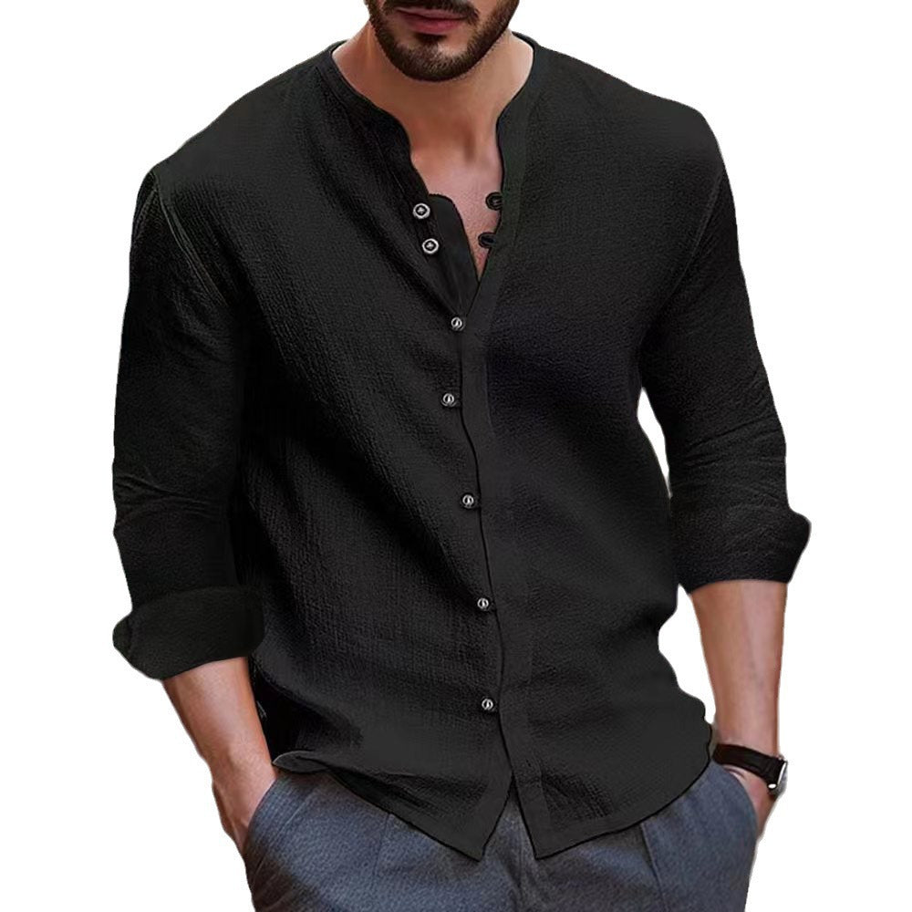 Men's retro cotton and linen casual loose long sleeved shirt