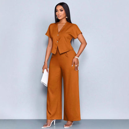 Summer Short Sleeve V-Neck Irregular Cardigan Straight Leg Wide Leg Pants Plus Size Casual Two-Piece Set