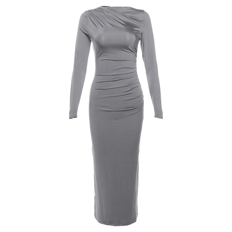 Solid Color Long Sleeve Round Neck Fitted Bodycon Dress