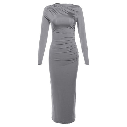 Solid Color Long Sleeve Round Neck Fitted Bodycon Dress