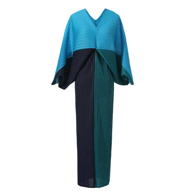 Women Elegant Pleated Dress Batwing Sleeve V-neck Patchwork Straight Dresses  Summer Female Fashion Clothing