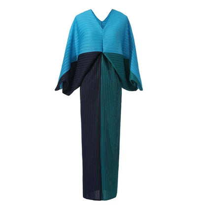 Women Elegant Pleated Dress Batwing Sleeve V-neck Patchwork Straight Dresses  Summer Female Fashion Clothing