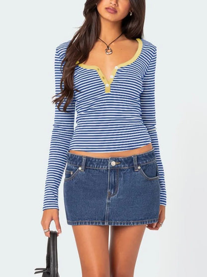Color blocking striped knitted sweater women's summer top button slim fit shoulder t-shirt