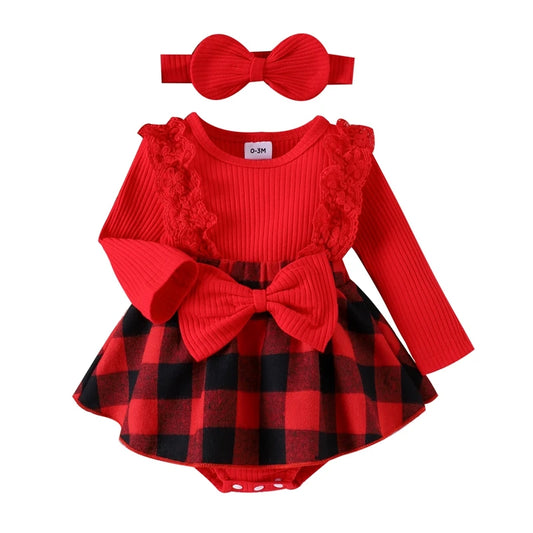 Babyjurk met kanten ruches details en ruitjespatroon plus hoofdband