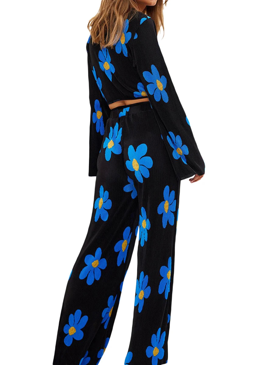 Floral Print Two-Piece Pants Suits Spring Summer Casual Women Pleated Sets Long Sleeve Tie Up Crop Tops+Loose Pants
