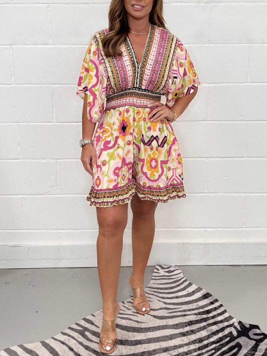 Women's short-sleeved printed V-neck ethnic style jumpsuit