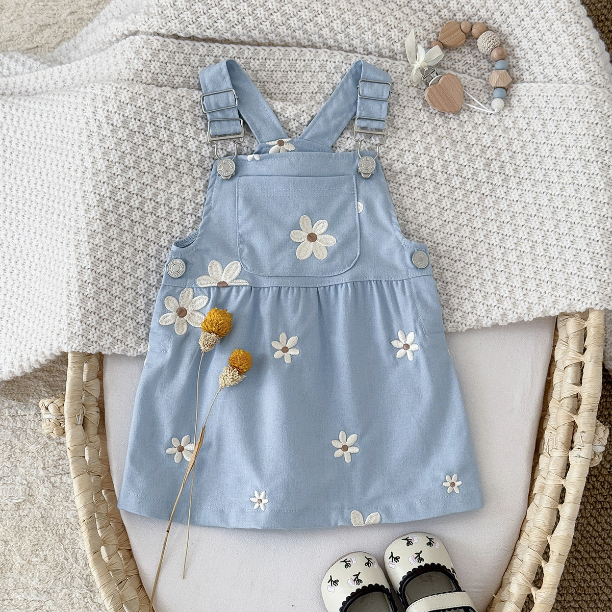 Cute Floral Embroidery Overall Dress Blue Princess Style