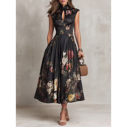 Mouwloze zwarte midi-jurk met driedimensionale bloemenprint nauwsluitende pasvorm in Chinese stijl