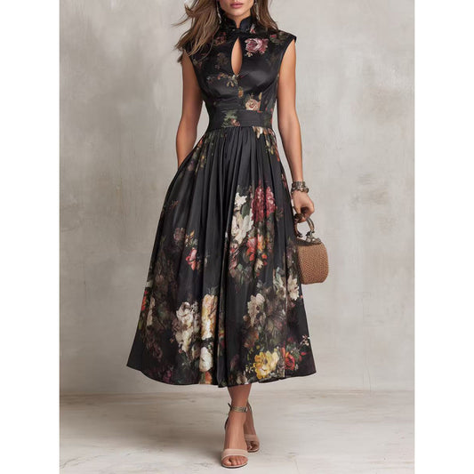 Mouwloze zwarte midi-jurk met driedimensionale bloemenprint nauwsluitende pasvorm in Chinese stijl