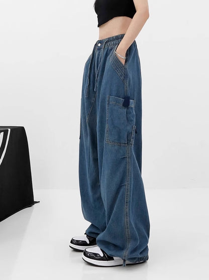 Blue Bandage Elastic Pockets Wide Leg Jeans High Waist New Loose Women Trousers Fashion Tide Spring Autumn