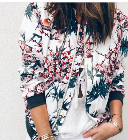 New Round Neck Print Fashion Zipper Jacket Coat Women