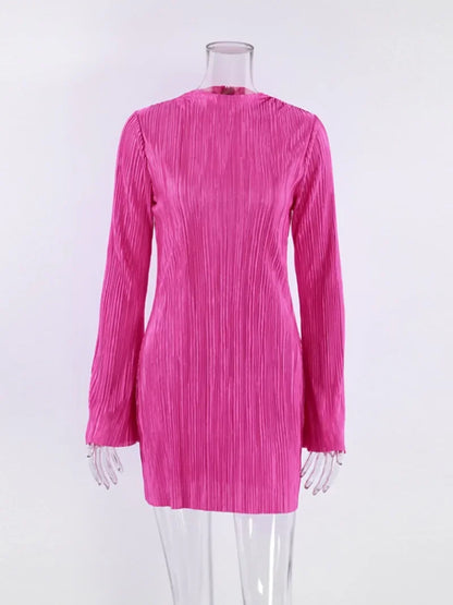 New O-neck Flare Sleeve Slim Short Party Dresses for Women Streetwear Rose Red Pink Bodycon Mini Office Work Pleated Dress