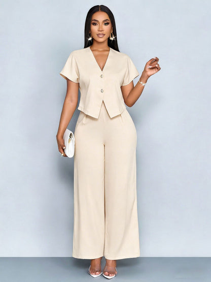 Summer Short Sleeve V-Neck Irregular Cardigan Straight Leg Wide Leg Pants Plus Size Casual Two-Piece Set
