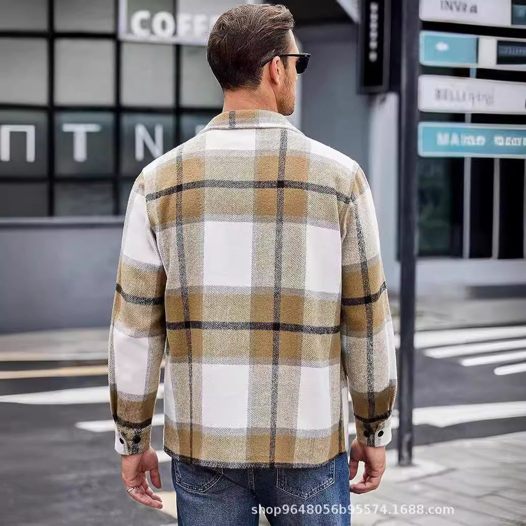 High-end Warm Plaid Men's Thickened Shirt Jacket for Autumn and Winter