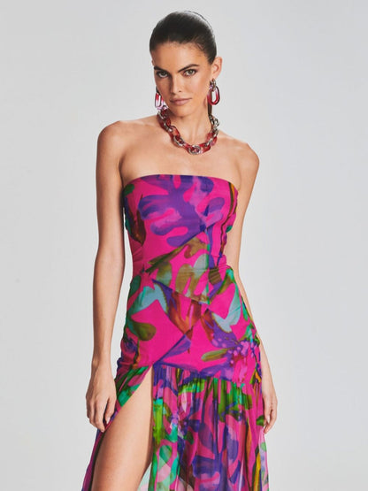 Bedrukte strapless mesh jurk met split perfect voor een feestje of andere gelegenheid