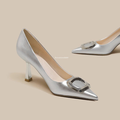 French Square Buckle Pointed Toe Stiletto Heels
