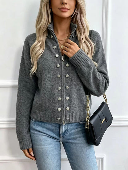 button-decorated knitted zipper cardigan sweater coat