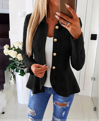 Women's Diamond Pattern Knit Cardigan with Ruffle Hem and Gold Buttons