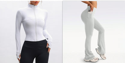 Opstaande kraag lange mouwen ritsjas broek met hoge taille wijde pijpen set