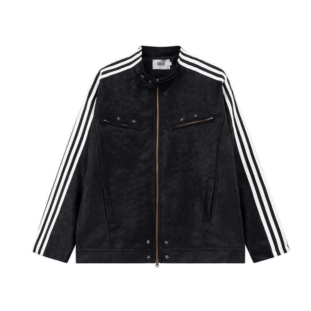 Losse Amerikaanse street winddichte Unisex PU-leren jas met rits/sterren versieringen