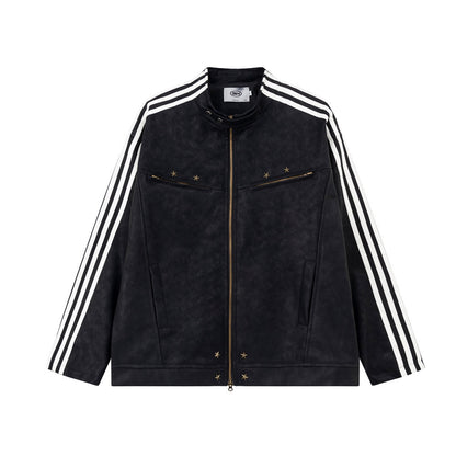 Losse Amerikaanse street winddichte Unisex PU-leren jas met rits/sterren versieringen