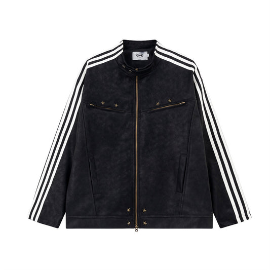 Losse Amerikaanse street winddichte Unisex PU-leren jas met rits/sterren versieringen