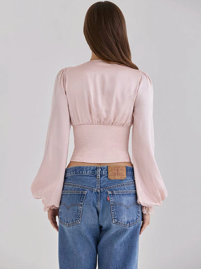 Franse vintage satijnen blouse met kanten afwerking