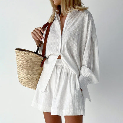 Dames jacquard blouse met lange pofmouwen en bijpassende shorts