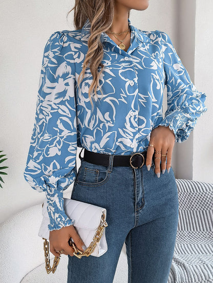 Elegant Floral Lantern Sleeve Blouse