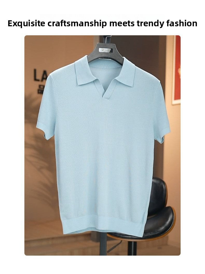 Men's Vintage Mulberry Silk Blend Draped Seagull Collar Polo Shirt