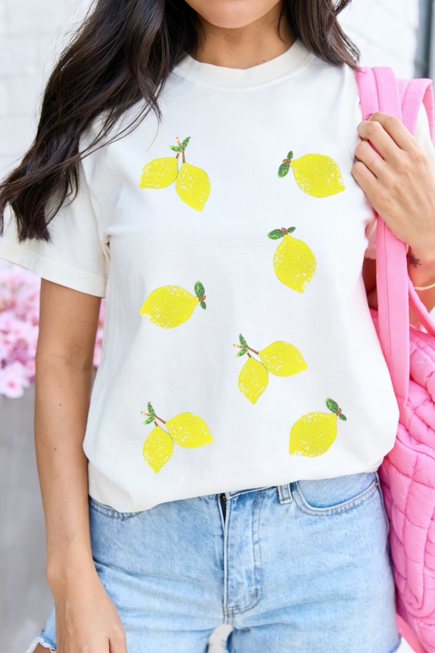 Witte zomerse casual T-shirt met pailletten en citroenprint